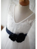 Ivory Lace Tulle V Neck Navy Blue Flower Sash Knee Length Flower Girl Dress 
